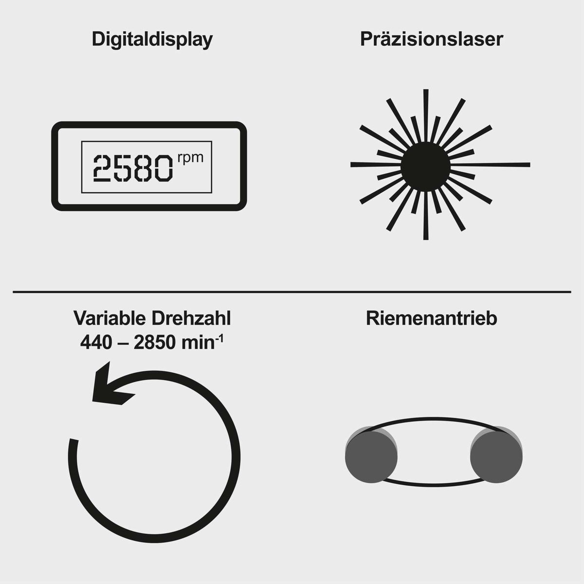 Tischbohrmaschine mit Präzisionslaser, digitaler Drehzahlanzeige (2580 min⁻¹) und variablem Drehzahlbereich (440–2850 min⁻¹) über Riemenantrieb.