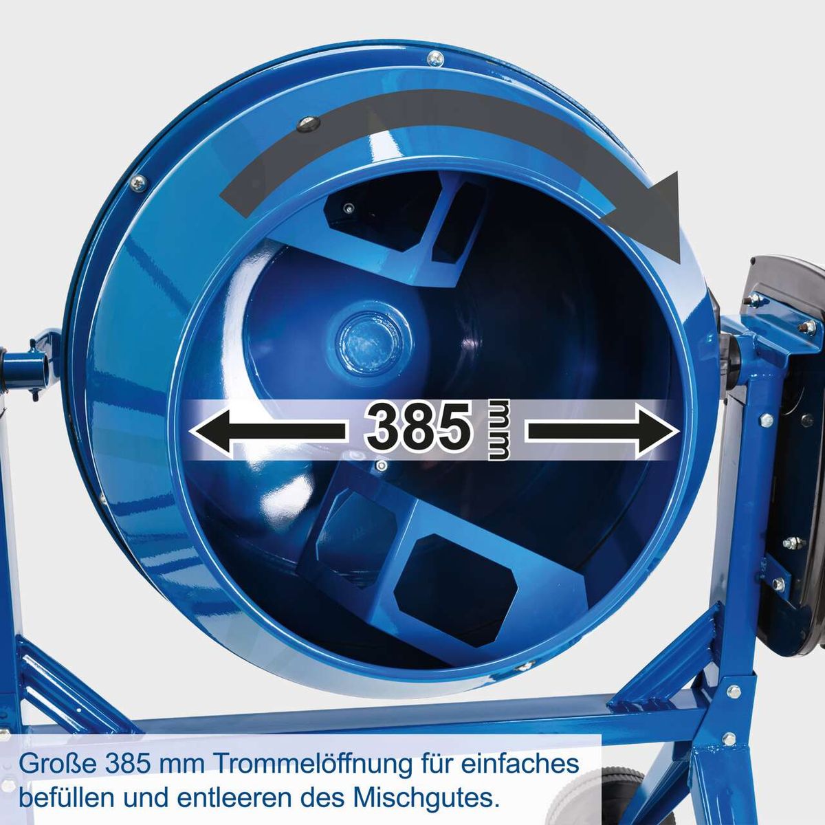 Der Betonmischer MIX140 von Scheppach hat eine große Trommelöffnung von 385 mm für einfaches Befüllen und Entleeren des Mischguts.