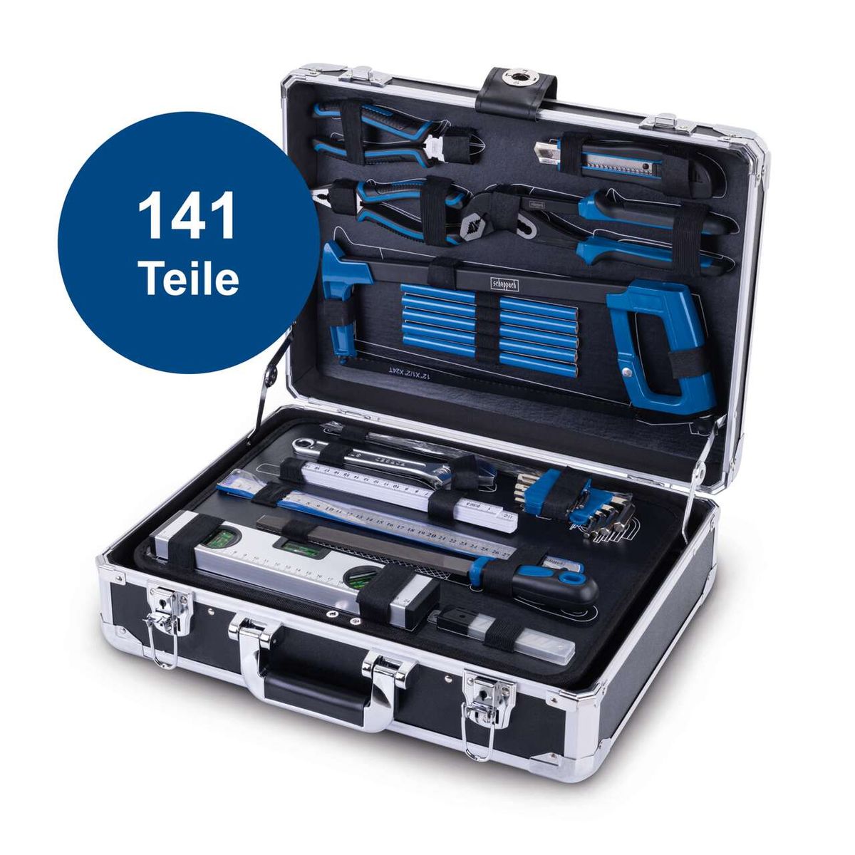 Der Werkzeugkoffer TB200 von Scheppach enthält 141 Teile. Er ist mit einer Aluminium-Werkzeugkiste ausgestattet und bietet eine umfassende Auswahl an Werkzeugen für verschiedene Anwendungen.