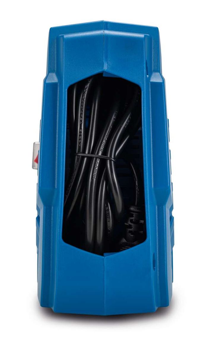 Kompressor Airforce 5 von Scheppach, Ansicht von der Seite. Der Kompressor ist in einem blauen Gehäuse untergebracht und enthält einen schwarzen Schlauch.