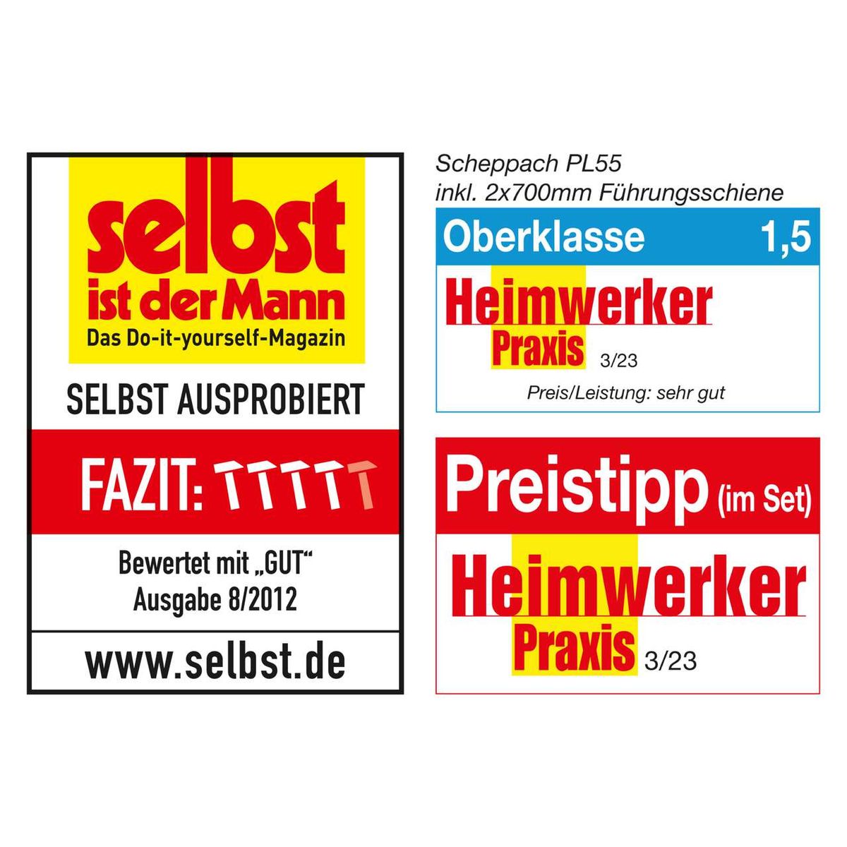 Scheppach PL55 electric plunge saw featuring included guide rails for DIY use, highly rated for excellent value