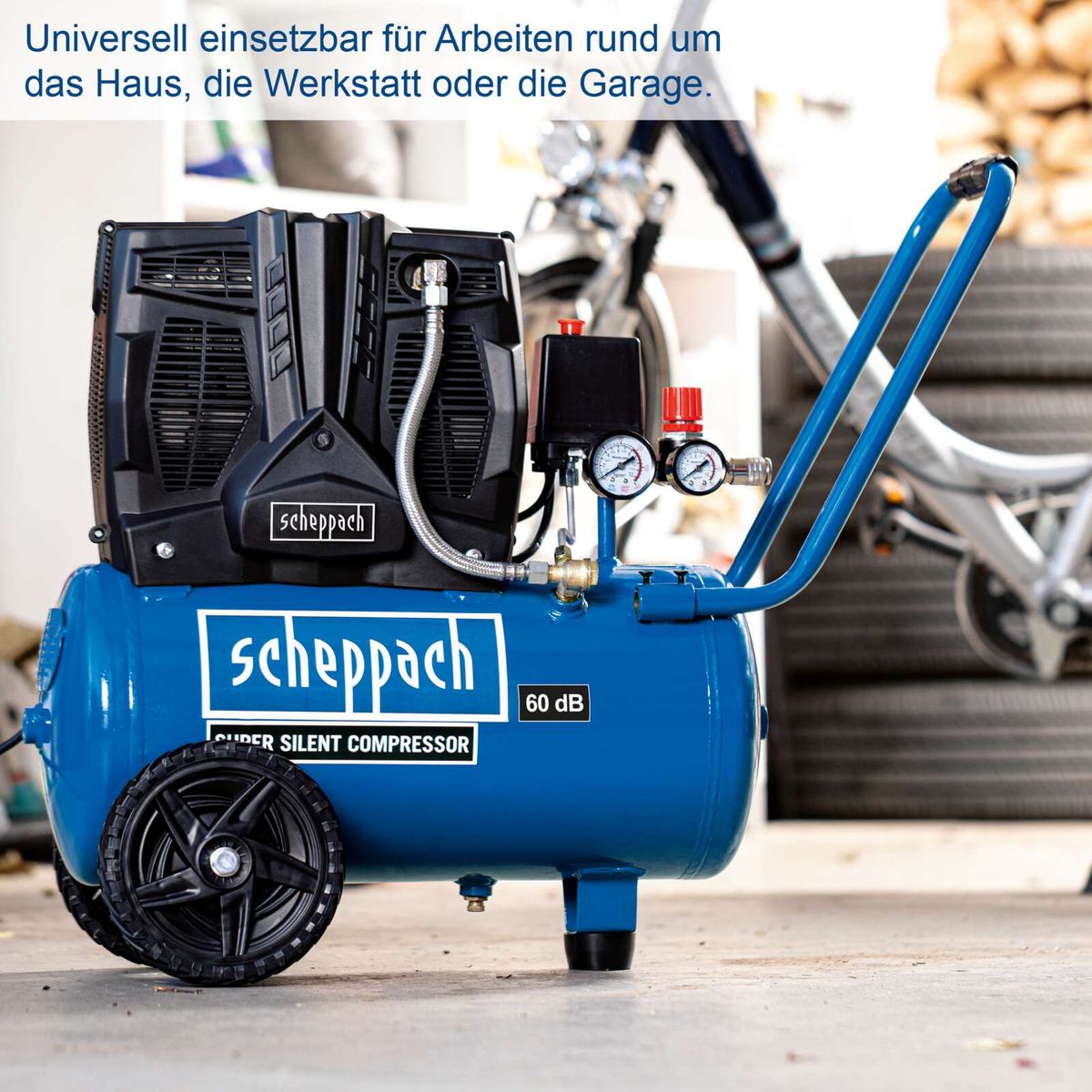 Scheppach-Silentkompressor mit 60 dB, Ölfrei, 24-Liter-Tank, 8 Bar Druck, 230V, 50Hz, 230 Liter/min
