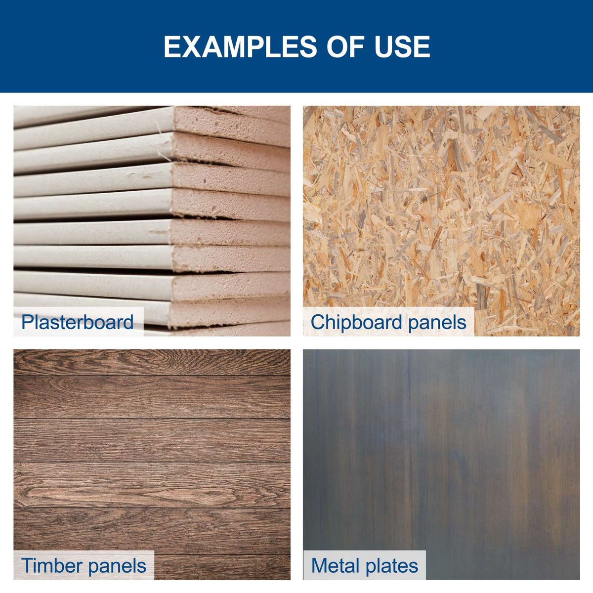 Examples of material boards for tool storage: Plasterboard, chipboard panels, timber panels, metal plates
