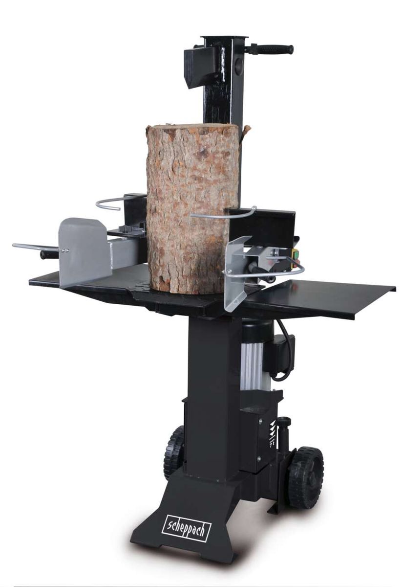 Holzspalter HL730 von Scheppach, stehend mit Baumstamm. Seitliche Ansicht.