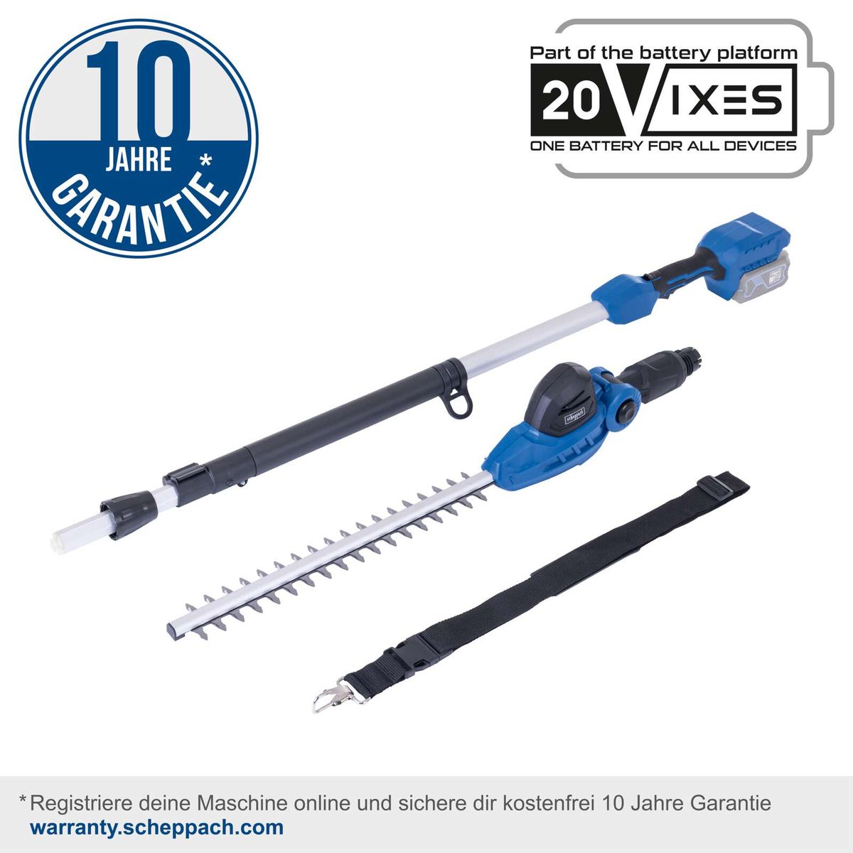 Akku-Teleskop-Heckenschere mit 10 Jahren Garantie und 20V Batterieplattform. Registrierung online für kostenlose Garantie auf warranty.scheppach.com.