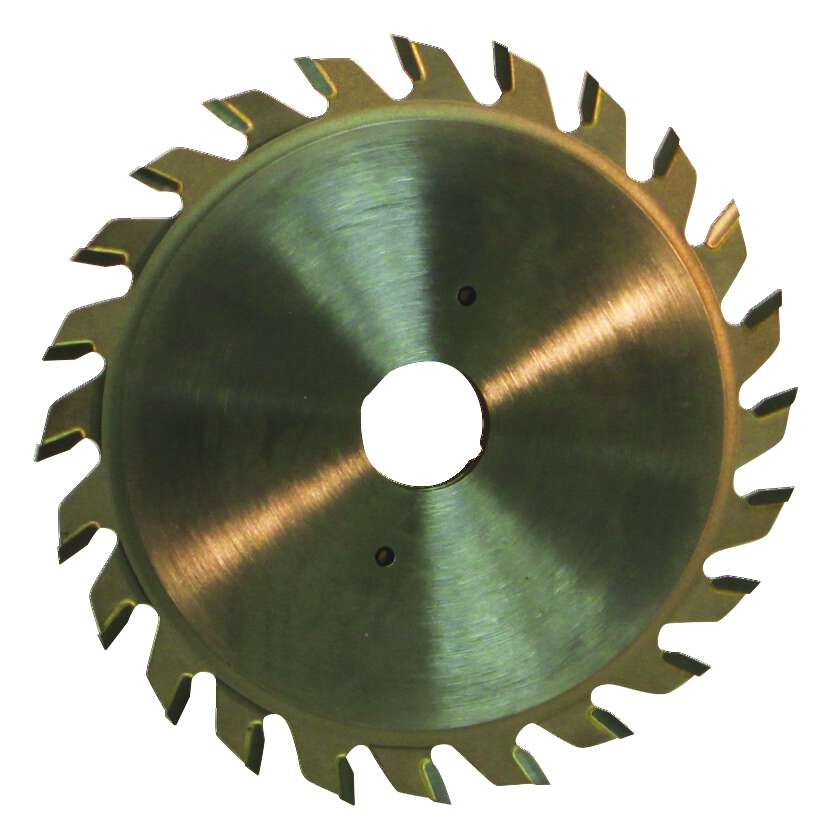 Ein Scheppach HW Vorritzsägeblatt-Satz, Ø 120 mm, 44 Zähne, von vorne fotografiert.