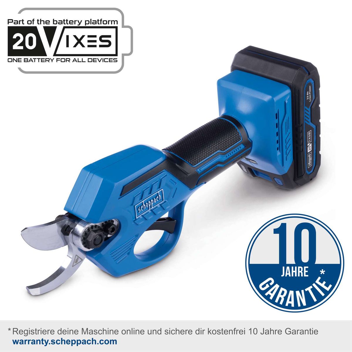Scheppach Akku-Astschere mit 10-jähriger Garantie, inklusive 20V-Batterie- und Ladegerätspaket