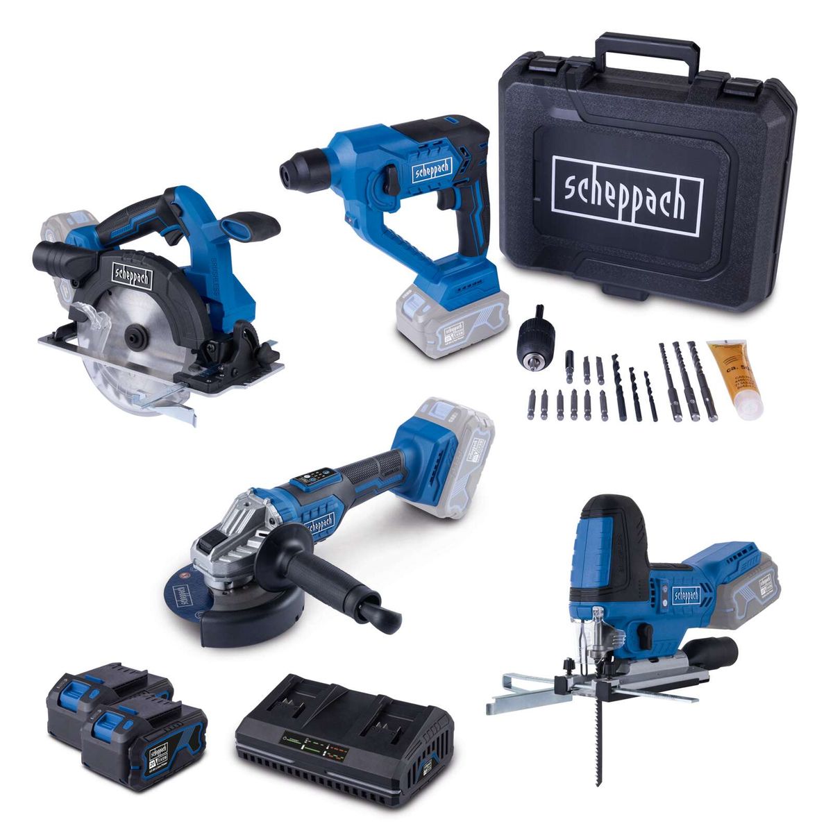 Das Akku-Aktions-Set AS100 von Scheppach enthält eine Stichsäge, Handkreissäge, Winkelschleifer, Bohrhammer, 2x 4Ah Akku und ein 2,4A Doppelladegerät. Alle Geräte sind kabellos und für den Heimwerker geeignet.