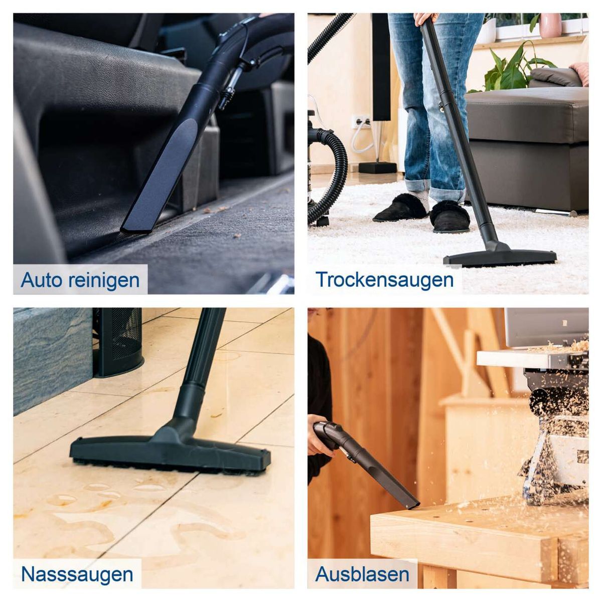 Der Scheppach Nass- und Trockensauger ASP50-ES kann zum Auto reinigen, Trockensaugen, Nasssaugen und Ausblasen verwendet werden.