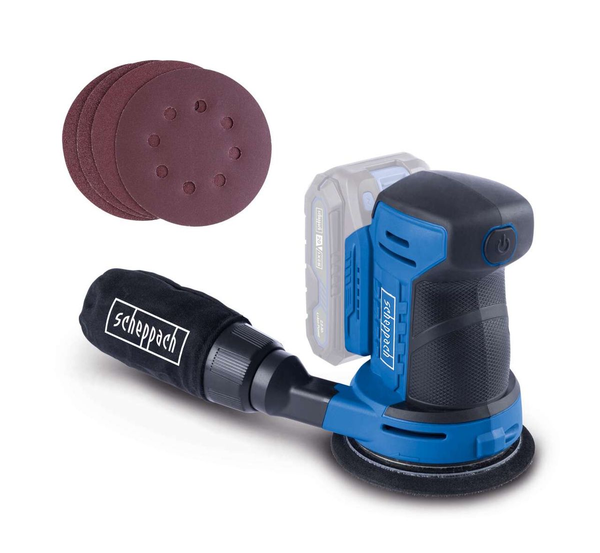 Cordless Orbital Sander C-OBS125-X Scheppach, 125mm, 24,000 RPM. Shown from the side with sanding pad and battery. Sanding pads in the background.