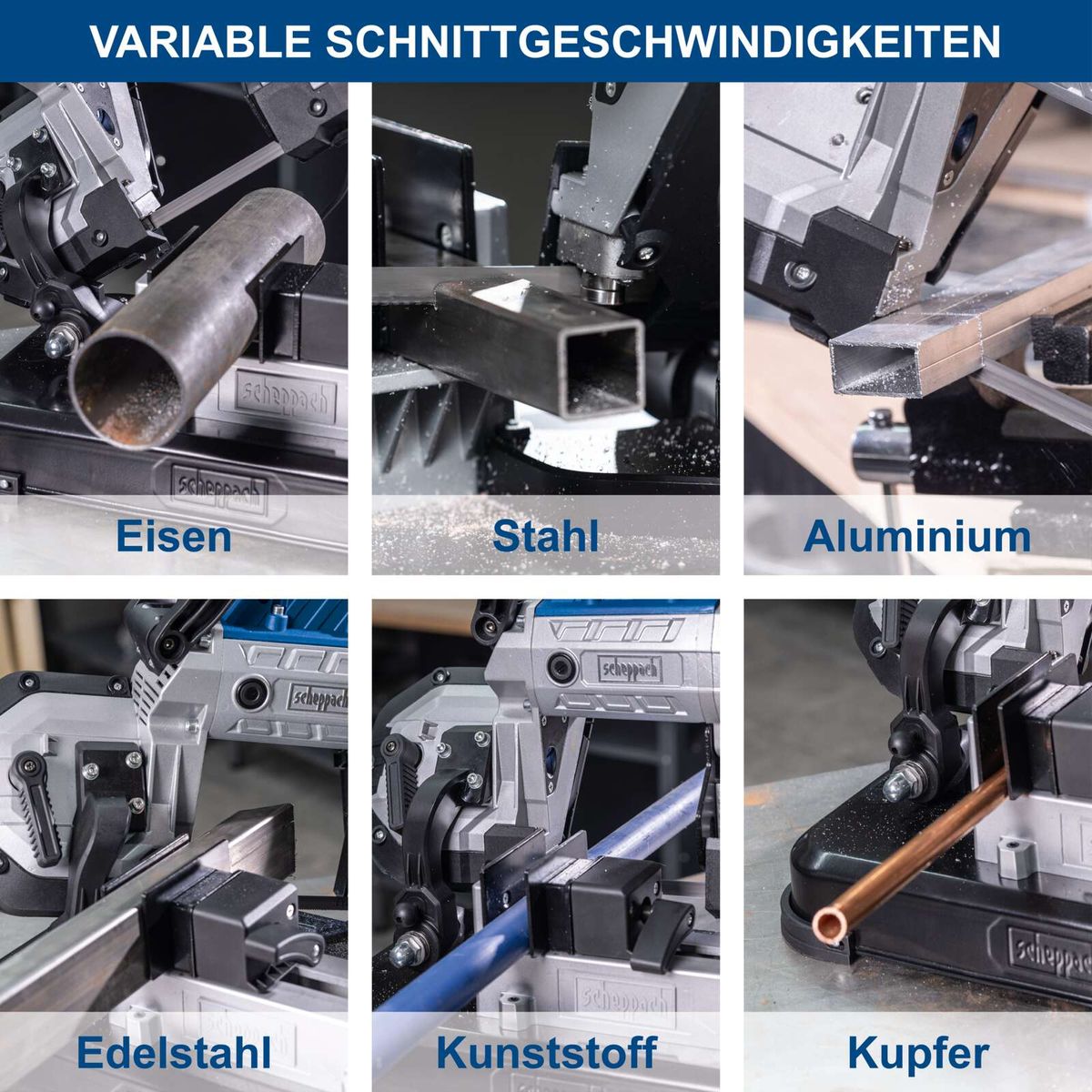 Metallbandsäge mit Variospeed für verschiedene Materialien: Eisen, Stahl, Edelstahl, Kunststoff, Kupfer, Aluminium