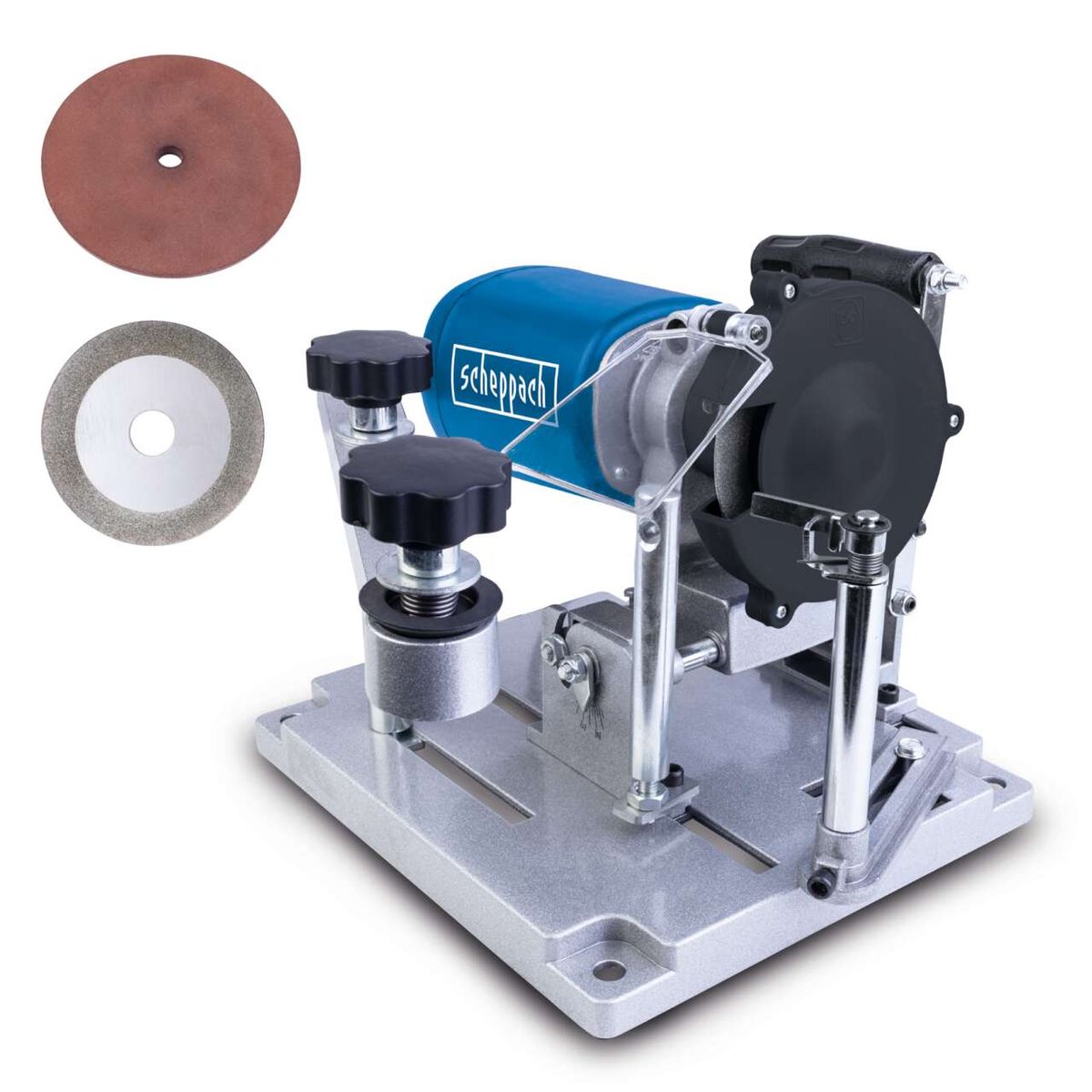 Das Sägeblattschärfgerät SBS1100 von Scheppach verfügt über zwei verschiedene Schleifscheiben: eine für grobe und eine für feine Schleifarbeiten. Die Maschine ist robust und präzise, ideal zum Schärfen von Sägeblättern.