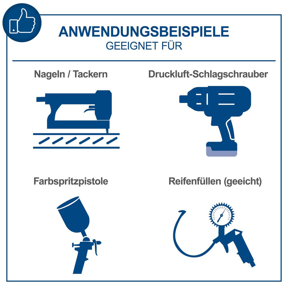 Anwendungsbeispiele für den Kompressor HC120DC Scheppach: Nageln/Tackern, Druckluft-Schlagschrauber, Farbspritzpistole, Reifenfüllen (geeicht).