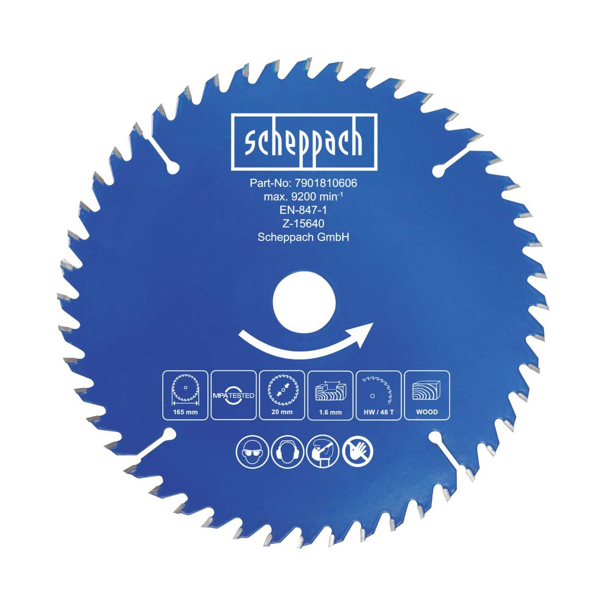 Scheppach-Kreissägeblatt mit technischen Daten: Ø 165 mm, 20 mm Kerndurchmesser, 1,6 mm Stärke, Z 48
