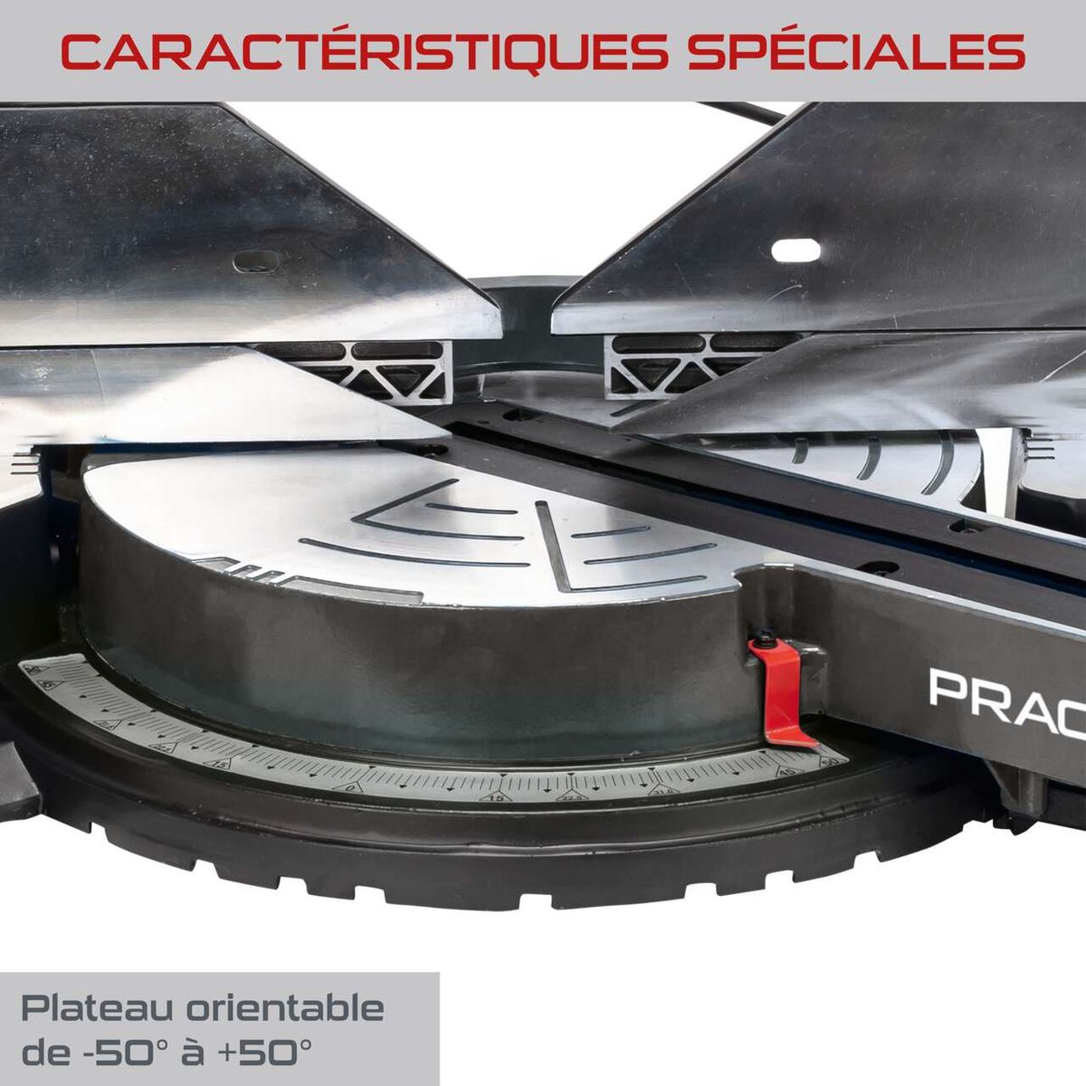 The sliding cross-cut mitre saw PX-KZS-305PA Practixx features an adjustable table from -50° to +50° for precise cuts at various angles.