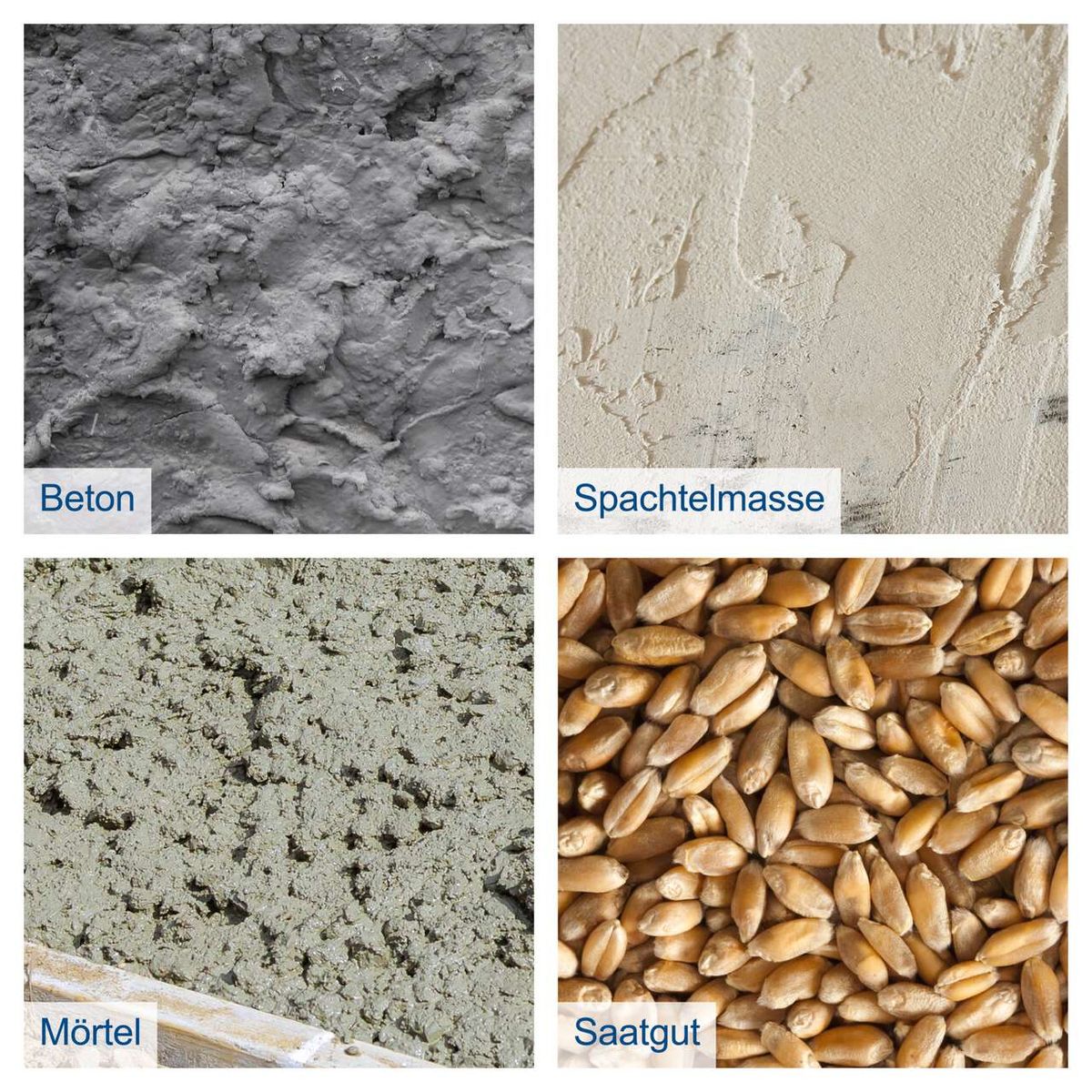 Beton, Spachtelmasse, Mörtel und Saatgut als Materialbeispiele für die Produktbeschreibung