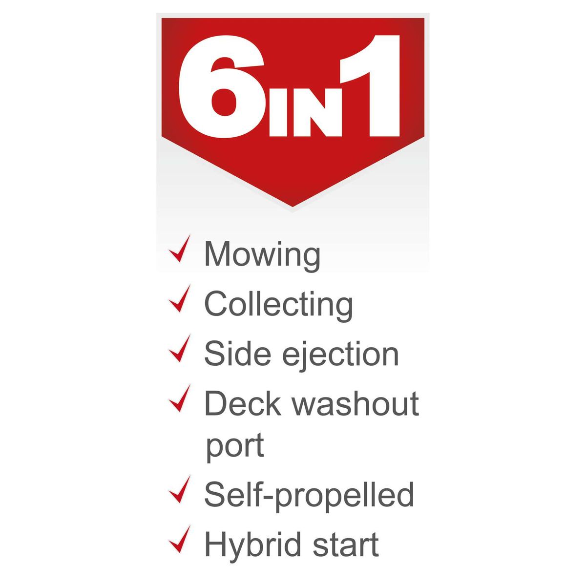 The petrol ride-on lawnmower MR225-61 by Scheppach offers the following features: mowing, collecting, side ejection, deck washout port, self-propelled, and hybrid start.