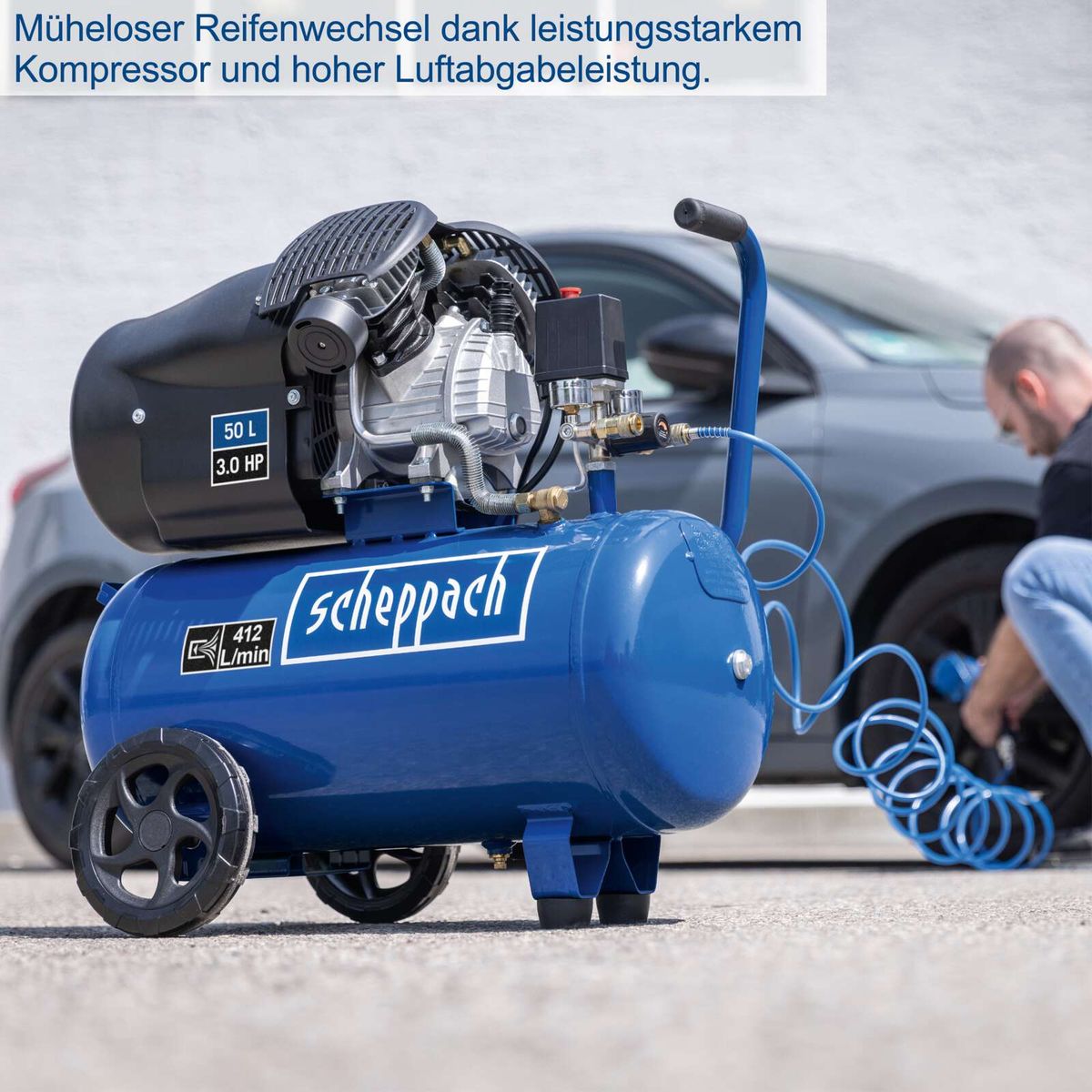 Scheppach-Kompressor mit leistungsstarker Luftabgabe und Doppelzylindertechnologie für effiziente Arbeit