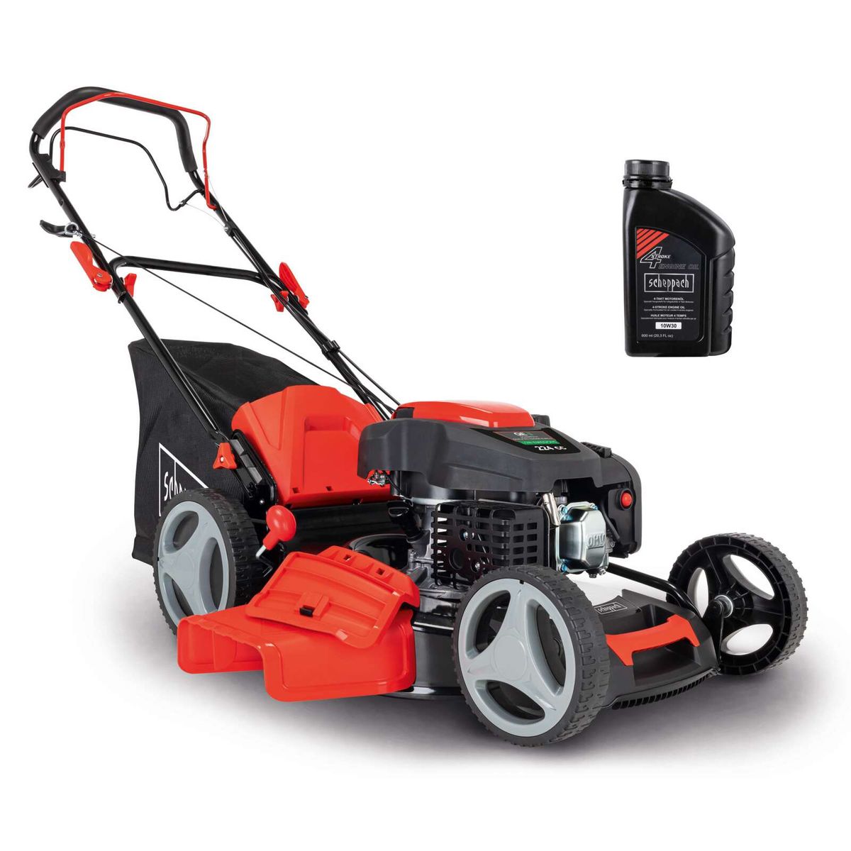 Scheppach-Benzinrasenmäher MS225-53 mit Motor, Lenkgriff und Ölkanister für Motoröl