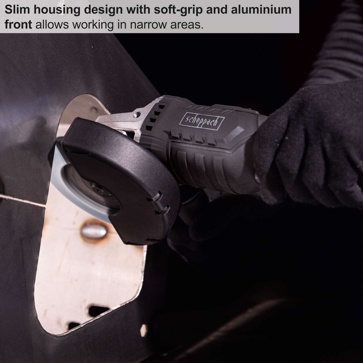 The cordless angle grinder C-WS125BE-X by Scheppach features a slim housing design with a soft grip and aluminium front, allowing work in narrow areas.