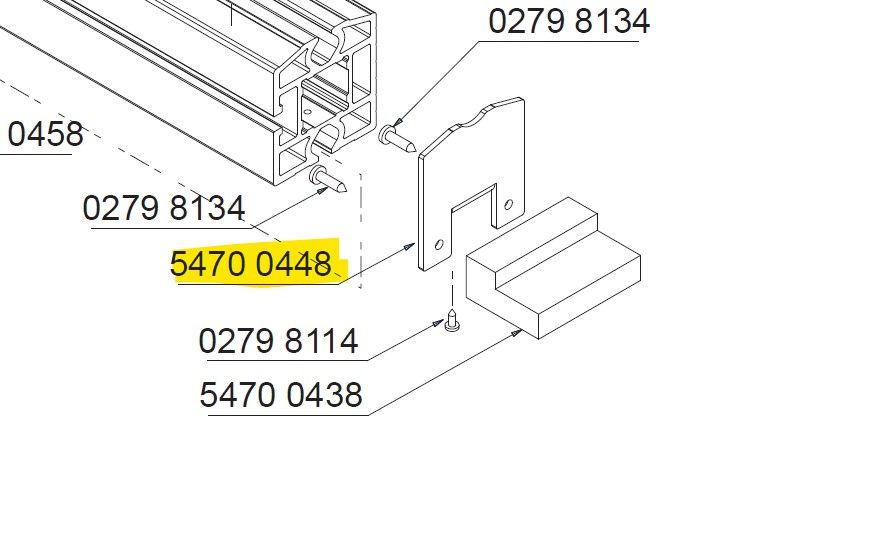 Abdeckplatte 3x70x74 von Scheppach. Die Abdeckplatte ist mit mehreren Befestigungselementen verbunden, darunter Schrauben und Muttern. Die Teile sind mit Beschriftungen wie 0279 8134, 5470 0448, 0279 8114 und 5470 0438 gekennzeichnet.