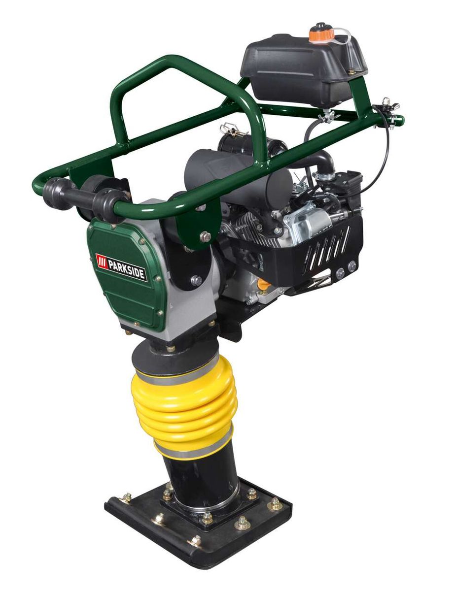 Vibrationsstampfer PVS 4780 A1 Parkside LB8, Ansicht von vorne. Grüner Rahmen mit schwarzem Motor und gelbem Gummifuß.