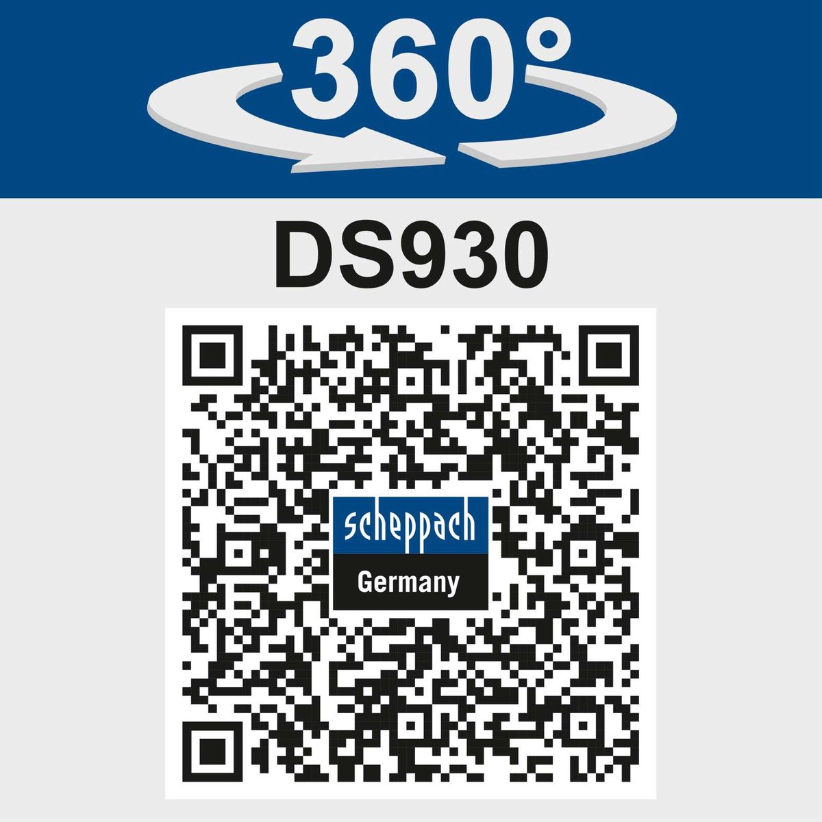 __Scheppach Wand- und Deckenschleifer DS930__ mit 360°-Drehung und integriertem QR-Code für technische Daten und Garantieinformationen.