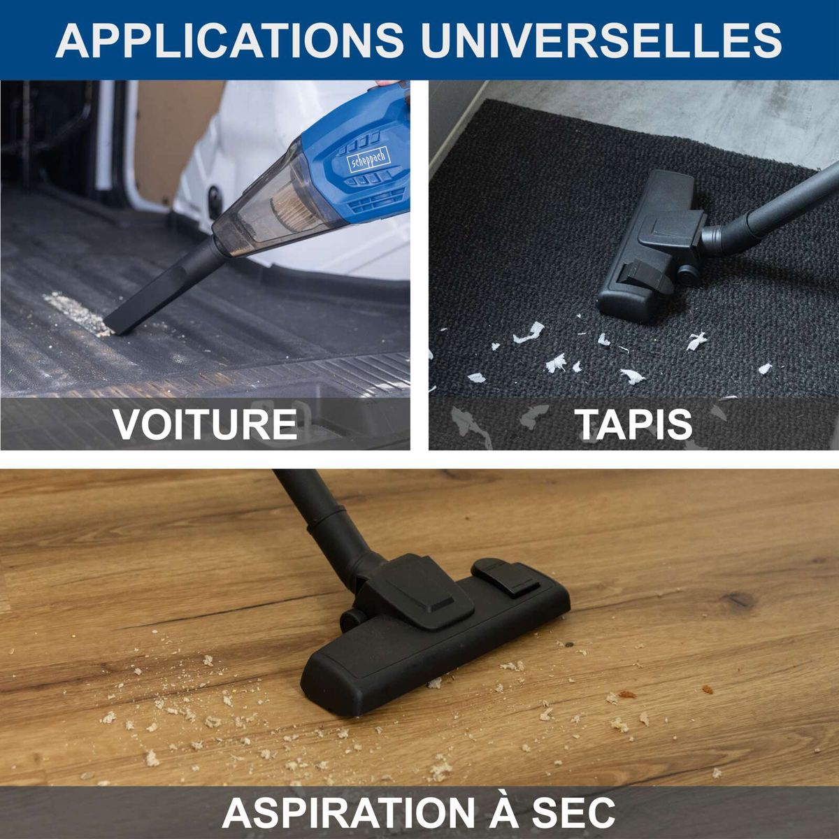 The cordless hand-held vacuum cleaner C-HVC150-X by Scheppach is suitable for universal applications such as car, carpet, and wood. It provides dry suction for various surfaces.