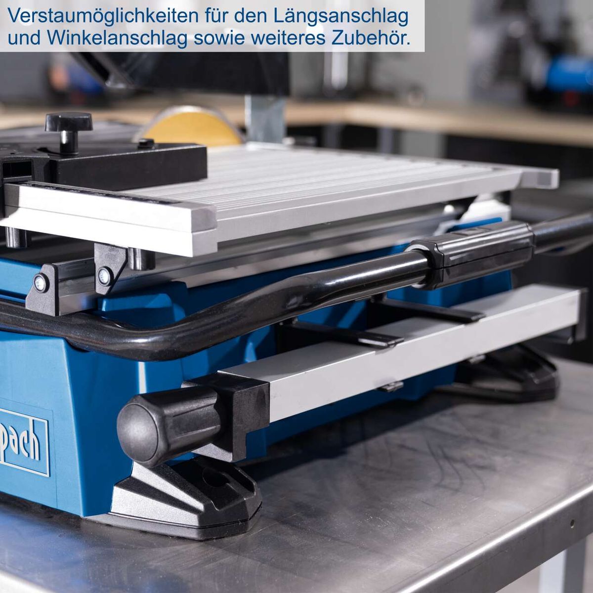 Scheppach-Fliesenschneider mit Verstellmöglichkeiten für Längs- und Winkelanschlag sowie Zusatzausstattung