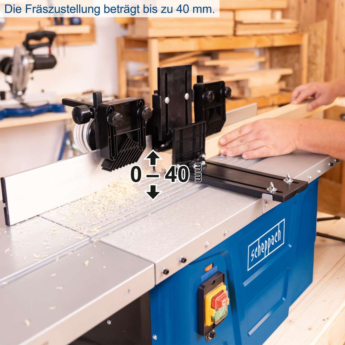 Die Fräsmaschine HF50 von Scheppach bietet eine Frästiefe von bis zu 40 mm. Sie verfügt über eine Spindelhöhe von 40 mm und ist mit Spannzangen in den Größen 6, 8 und 12 mm ausgestattet. Zudem ist eine Tischverbreiterung vorhanden.