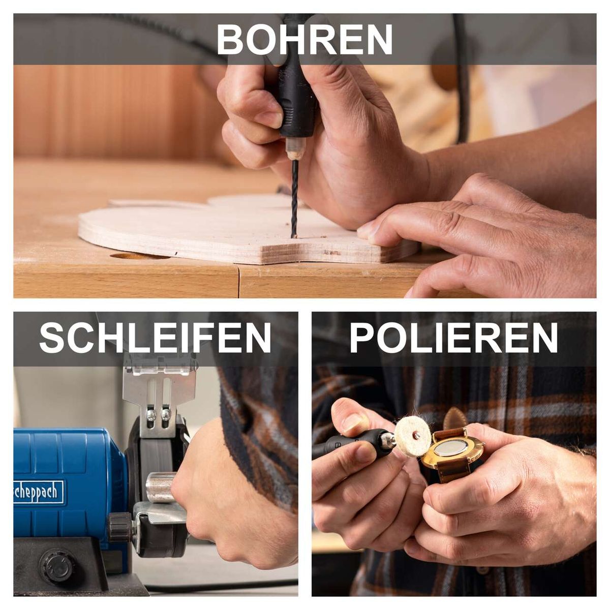 Doppelschleifer mit Bohr- und Schleif-/Poliervorgängen für Scheppach-Werkzeuge, illustriert durch Handhabung und Maschinenaufbau