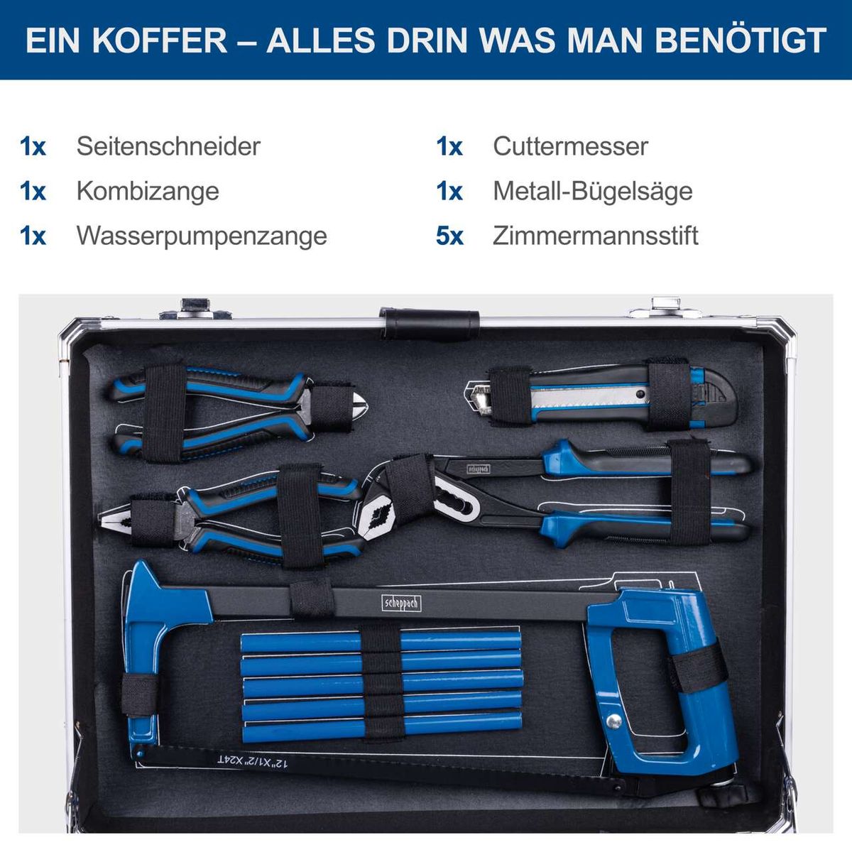 Der Werkzeugkoffer TB200 von Scheppach enthält: 1x Seitenschneider, 1x Kombizange, 1x Wasserpumpenzange, 1x Cuttermesser, 1x Metall-Bügelsäge und 5x Zimmermannsstifte. Alle Werkzeuge sind in einer robusten Aluminiumkiste verpackt.