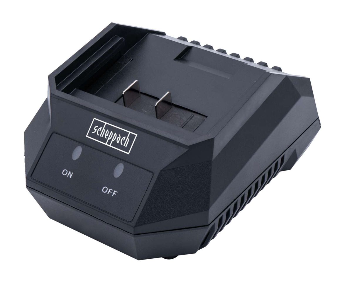 Scheppach Ladegerät BC1.5A-Li12V, Ansicht von schräg oben. Das Gerät hat einen Einschalter und einen Ausschalter.