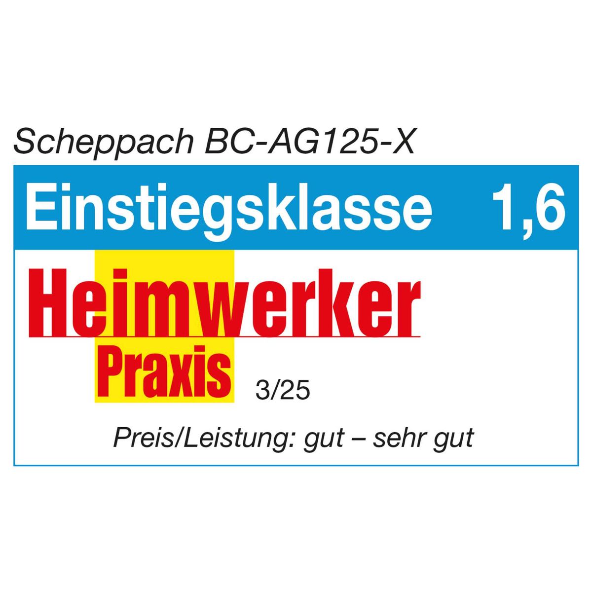 Der Akku-Winkelschleifer BC-AG125-X hat die Einstiegsklasse 1,6. Er ist ein Heimwerker-Tool und hat eine gute bis sehr gute Preis-Leistung.