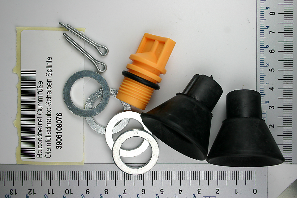 Beipackbeutel-Inhalt: Gummi-Füße, Ölfüllschraube, Scheiben und Splinte für Scheppach-Produkte