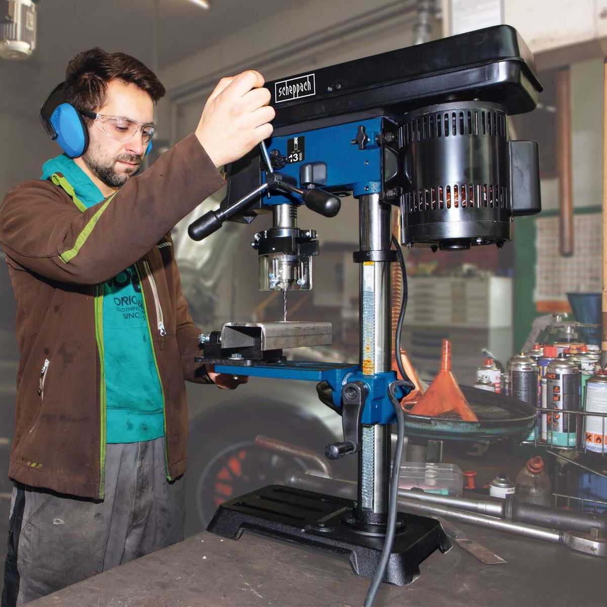 Scheppach bench pillar drill with laser guide and variable speed control, 13mm chuck, showing work surface