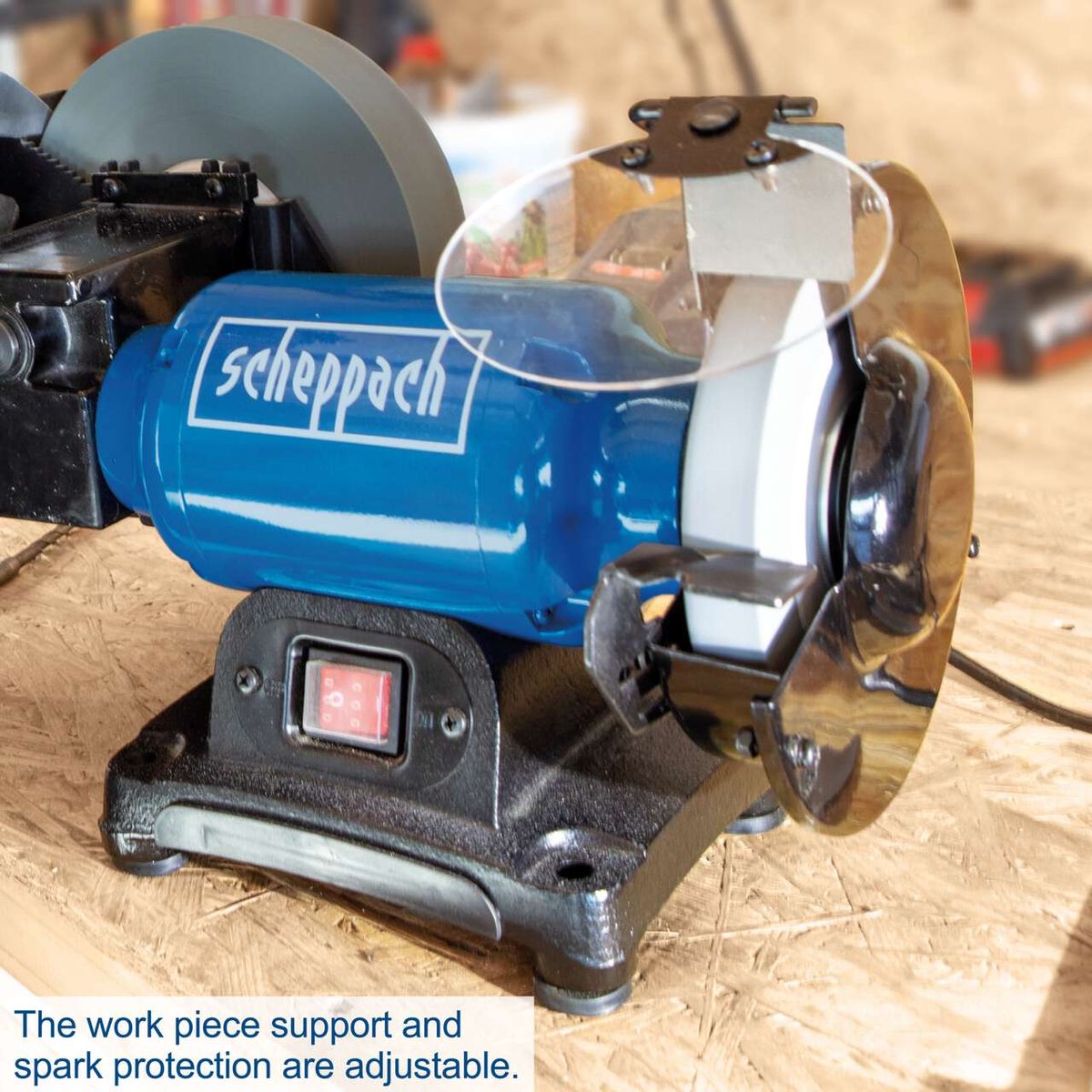 The Scheppach Wet & Dry Bench Grinder BG200W features an adjustable work piece support and spark protection for enhanced safety and versatility.