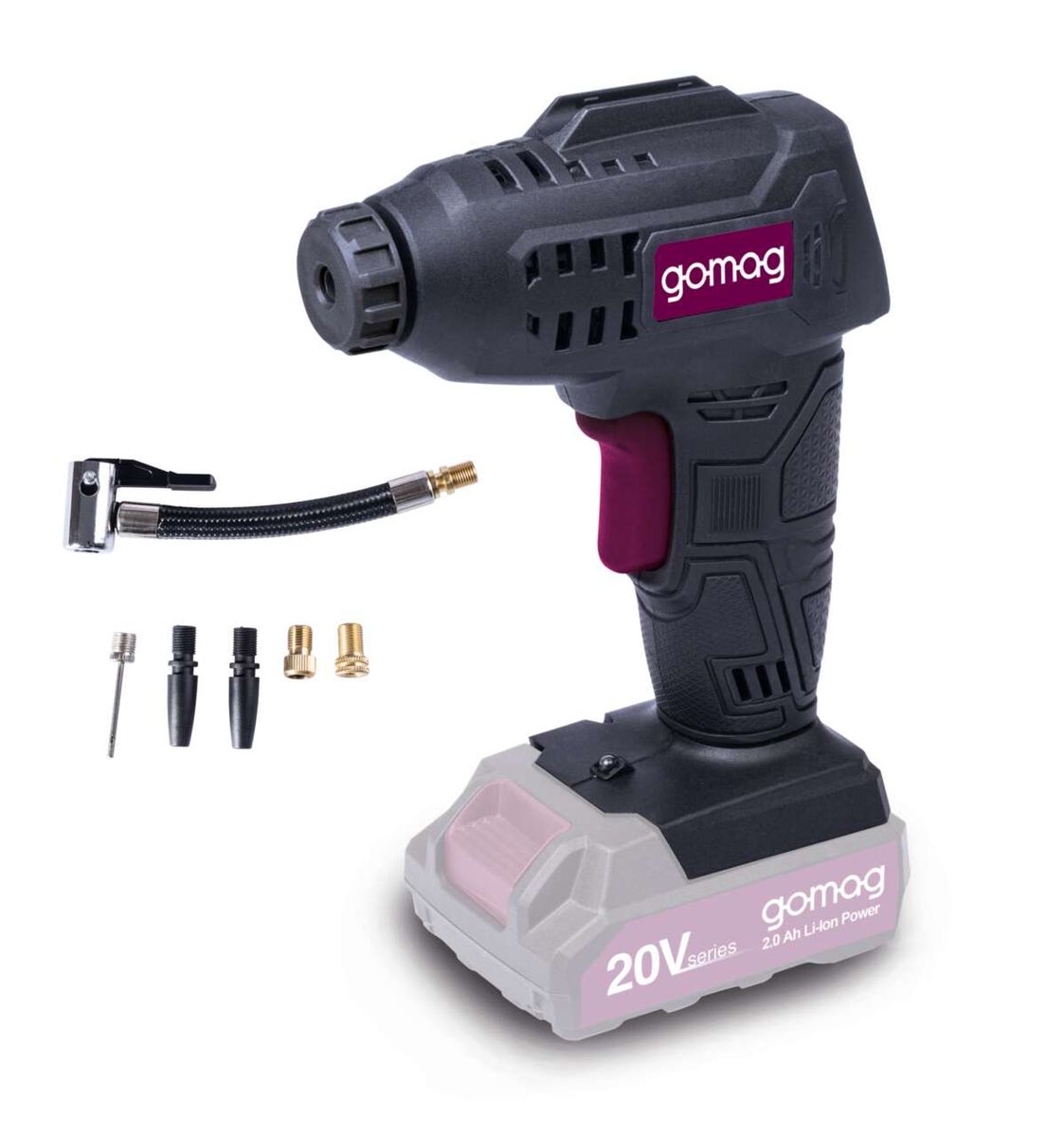 Akku-Handkompressor GO-LP20 gomag, 20V-Serie, 2.0 Ah Li-Ion Akku, inkl. Zubehör wie Schlauch und Düsen.