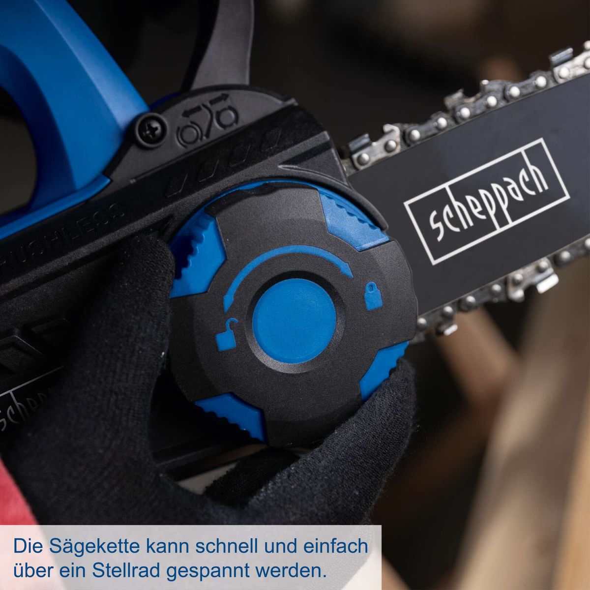 Scheppach-Sägekettenklemme mit Schnellspannung über Stellrad für einfache Anpassung