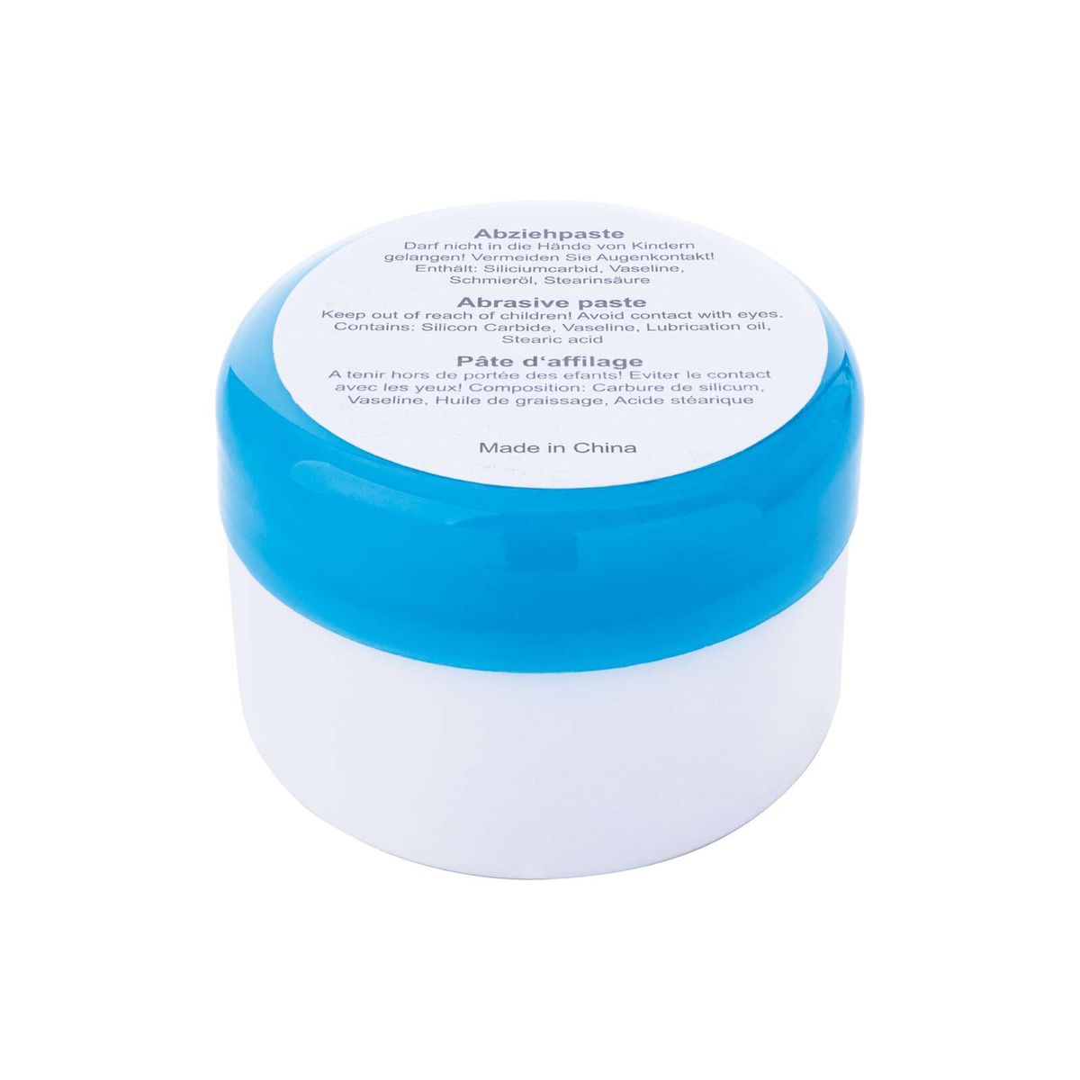 Abrasivpaste mit Warnhinweisen für Kinder und Augenkontaktvermeidung; Enthält Silikoncarbid, Vaseline, Schmieröl, Stearinsäure