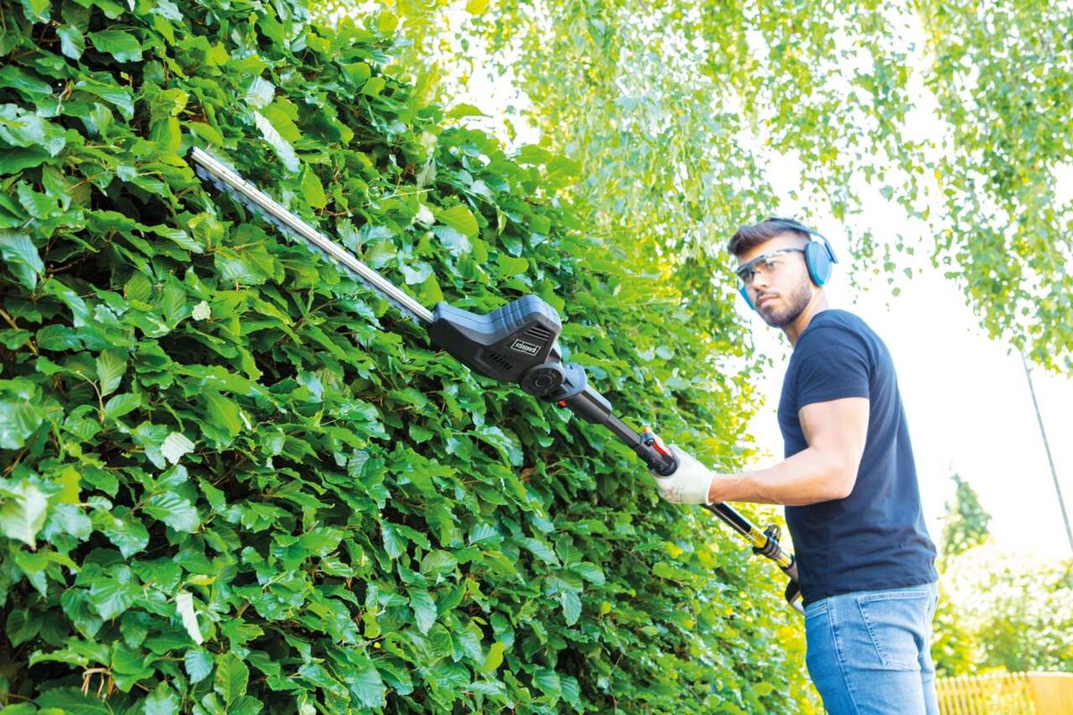 Ein Mann schneidet mit einer Elektro Heckenschere TPX710 von Scheppach einen grünen Heckenwall. Er trägt Schutzbrille und Gehörschutz. Die Heckenschere ist ein Teleskopmodell.