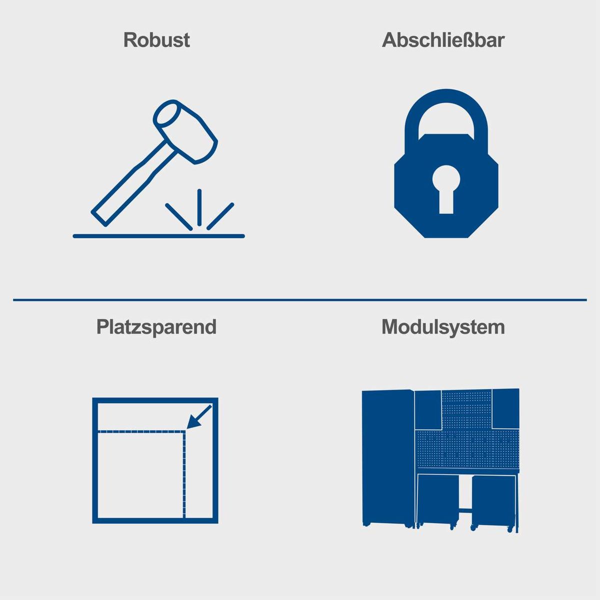 Das Werkstatt Komplett Set GWS08 von Scheppach ist robust, abschließbar, platzsparend und besteht aus einem Modulsystem. Es umfasst 2 Werkstattwagen, einen Werkstattschrank, eine Werkzeugwand und eine Werkbank. Die Maße betragen 2360x500x2050mm.