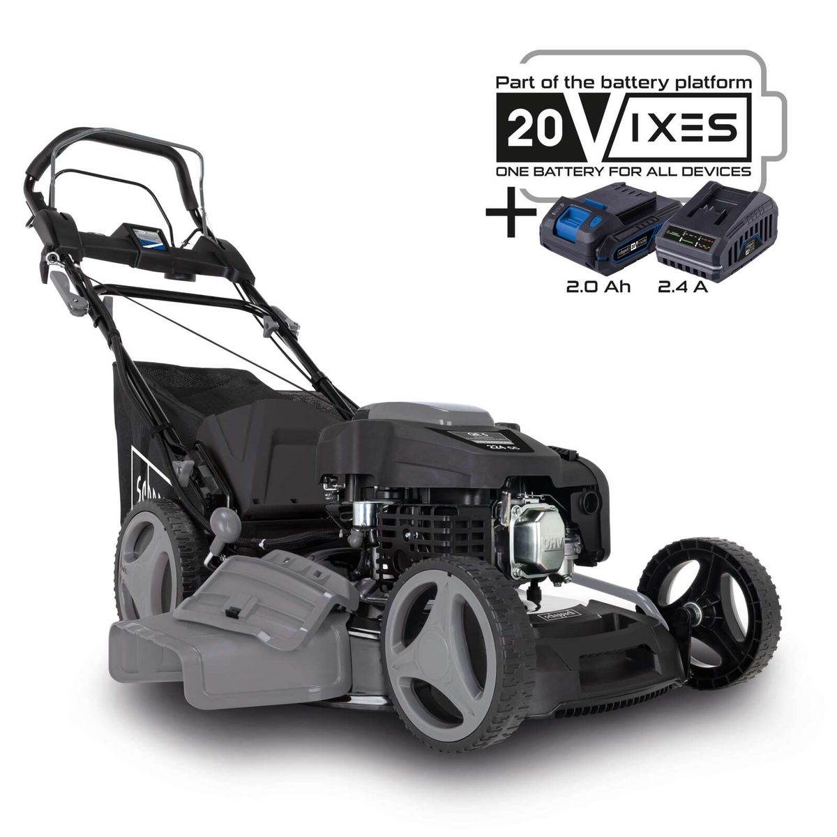 Der Benzin Rasenmäher PLM530-225E von Scheppach mit 6PS, 53cm Schnittbreite, E-Start, Radantrieb und 65 Liter Fangkorb. Kompatibel mit 20V IXES Akkusystem für alle Geräte.