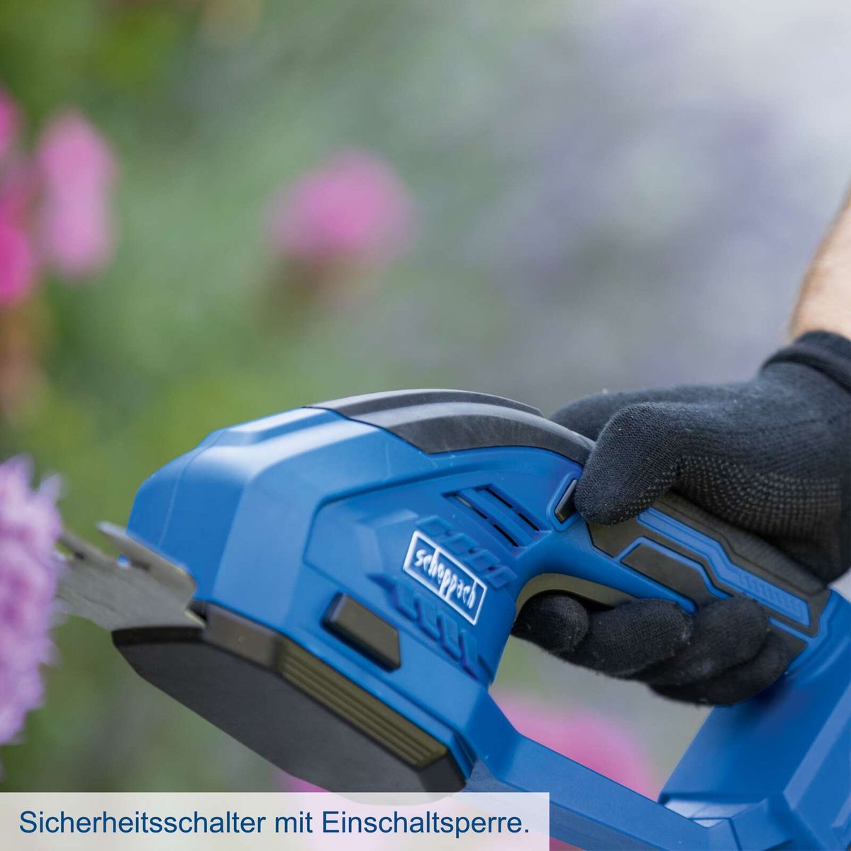 Scheppach-Sicherheitsschalter mit Einschaltsperre für Akku-Gras- und Strauchschere