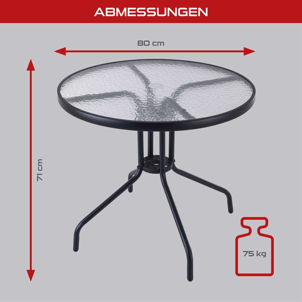 Glasbalkontisch mit 80 cm Durchmesser und 71 cm Höhe, stabiler Metallstuhl mit 75 kg Belastbarkeit