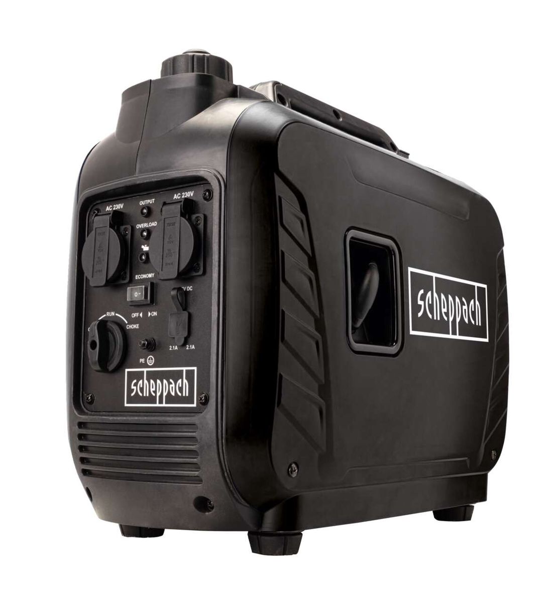 Scheppach Inverter IGT2500, seitliche Ansicht, 2x 230V Steckdosen, 1x 12V DC Anschluss.