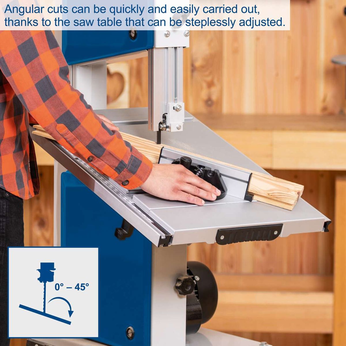 The Scheppach Bandsaw HBS400 allows for precise angular cuts thanks to a steplessly adjustable saw table ranging from 0° to 45°.