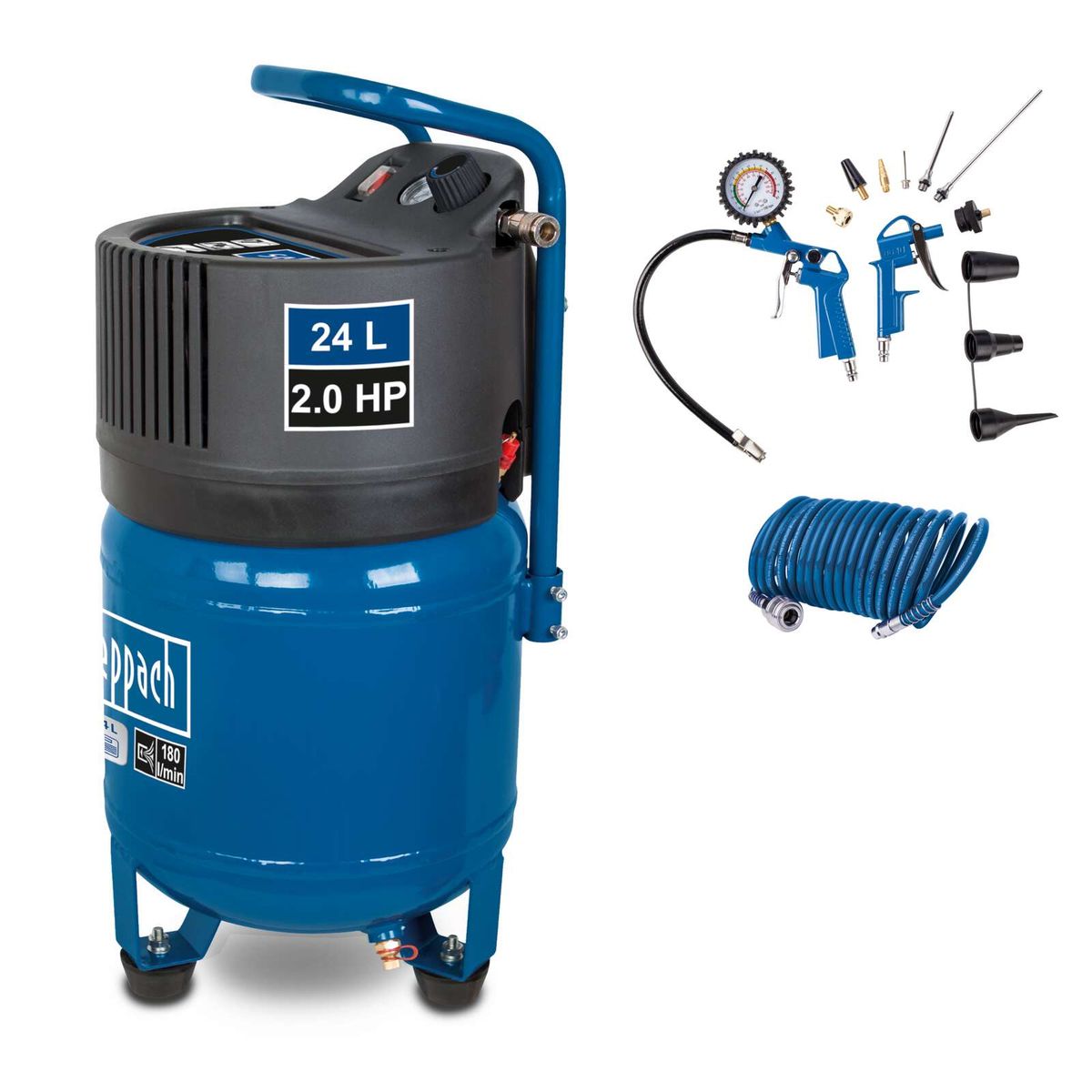 Der Scheppach Kompressor HC24V mit 24L Tank, 2.0 HP, 1500W Leistung, 10bar Druck und 180l/min Luftdurchfluss. Ölfrei und wartungsarm.