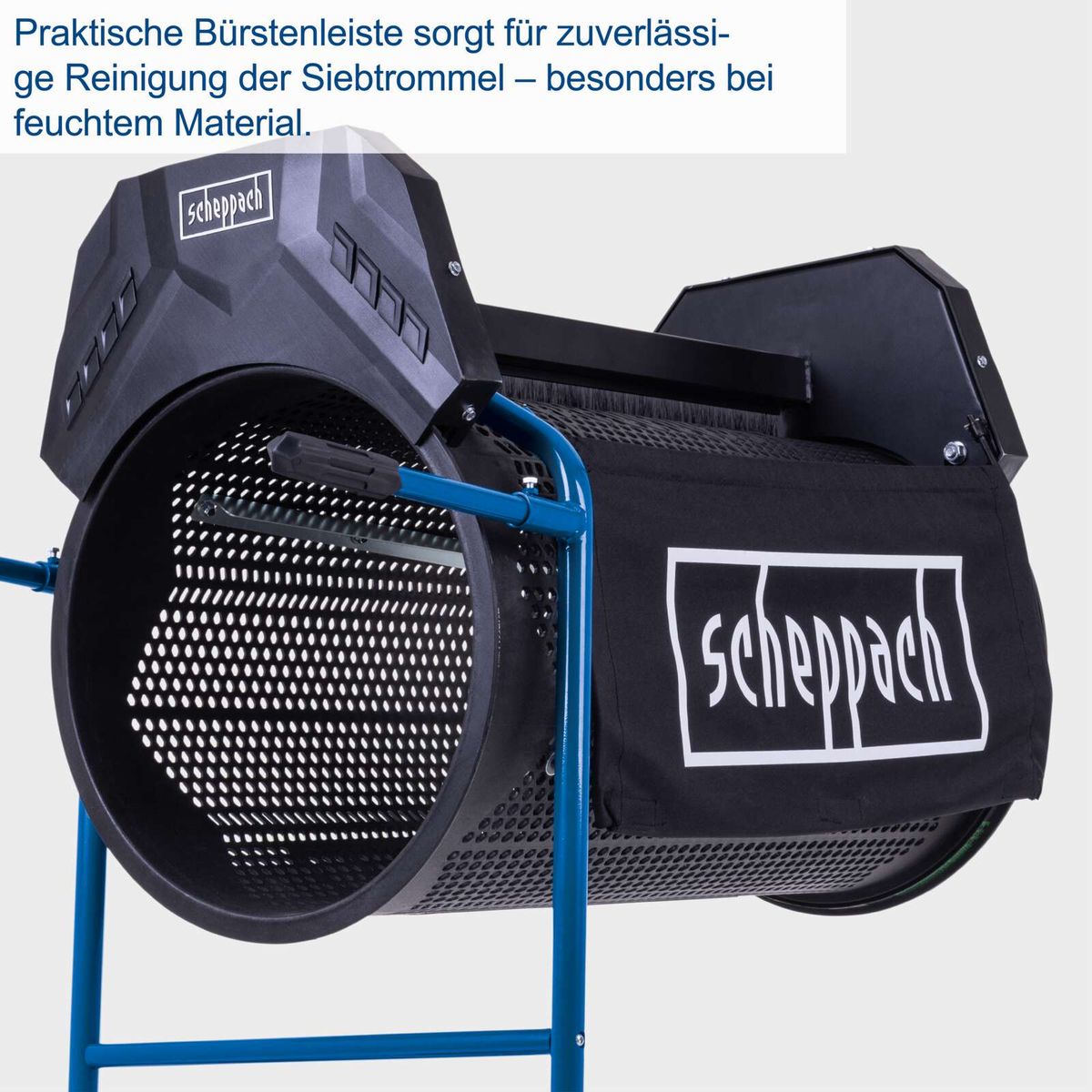 Praktische Bürstenleiste sorgt für zuverlässige Reinigung der Siebtrommel – besonders bei feuchtem Material. Scheppach Rollsieb RS500 mit neigbarer Trommel und Fahrvorrichtung.