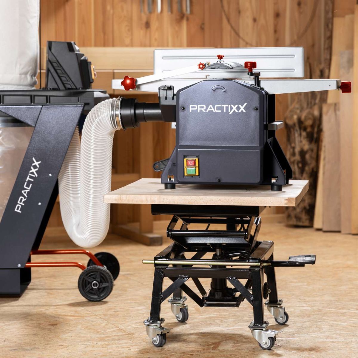 Abricht- und Dickenhobel Practixx mit höhenverstellbarem Arbeitsbett und Abzugsanlage